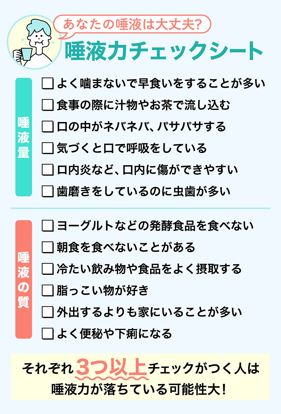 あなたの唾液は大丈夫？唾液力チェックシート