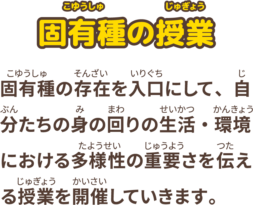 固有種の教室　動物、植物、そして人が持つ個性を通して、多様性のことをもっと深く考えてもらうプログラムを授業形式で行っています。