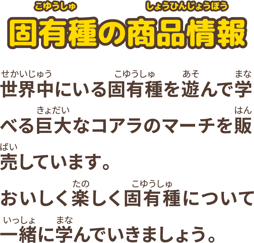 世界中にいる固有種を遊んで学べる巨大なコアラのマーチを販売しています。おいしく楽しく固有種について一緒に学んでいきましょう。